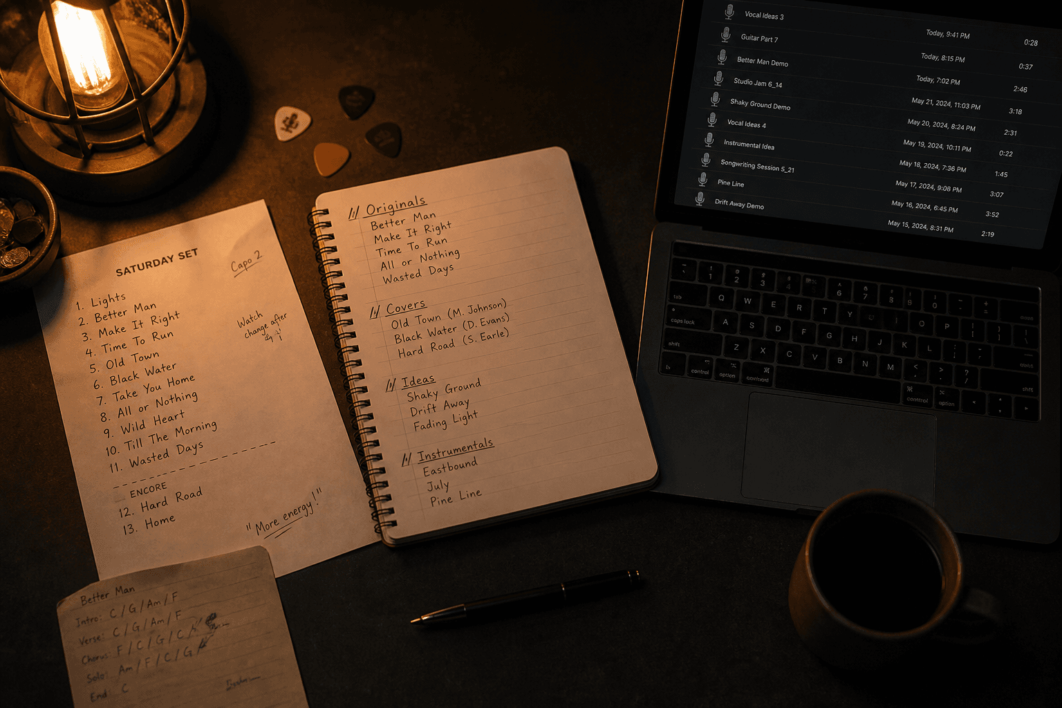 A musician organizing notes and recordings at a desk