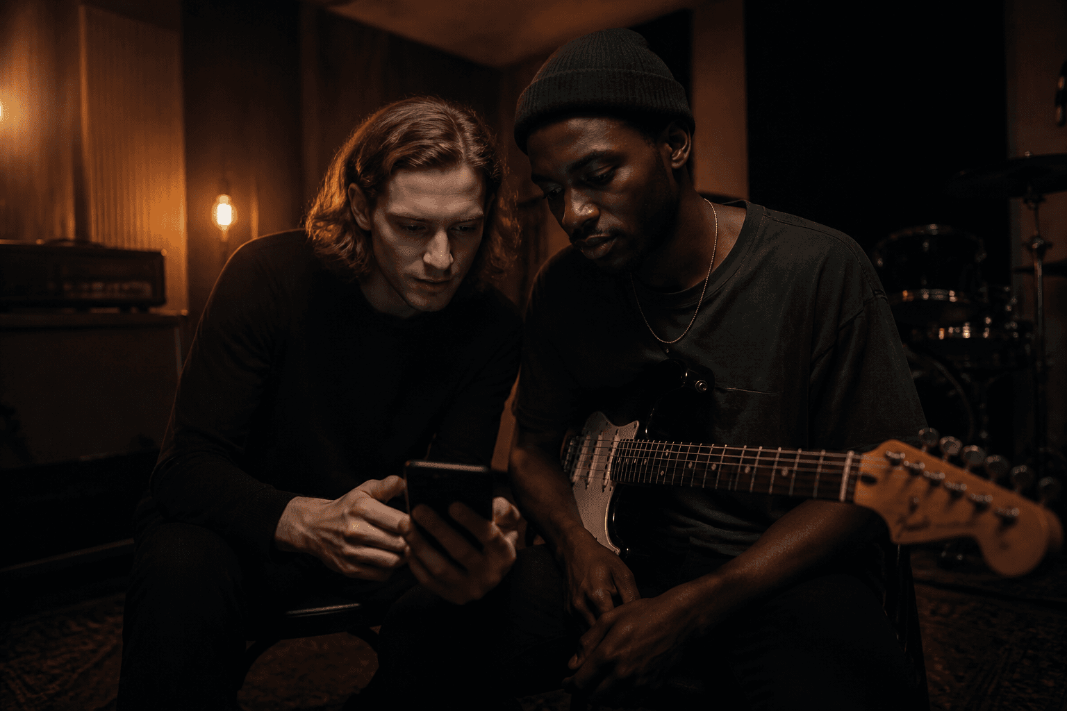 Two musicians reviewing a recording on a phone