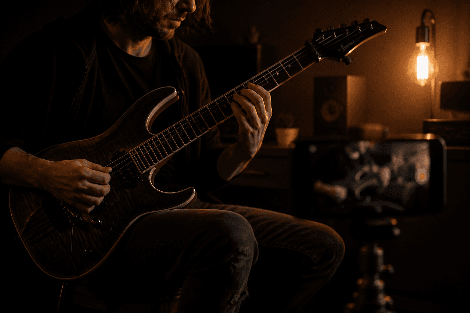 A guitarist recording a riff with a phone in a dark studio